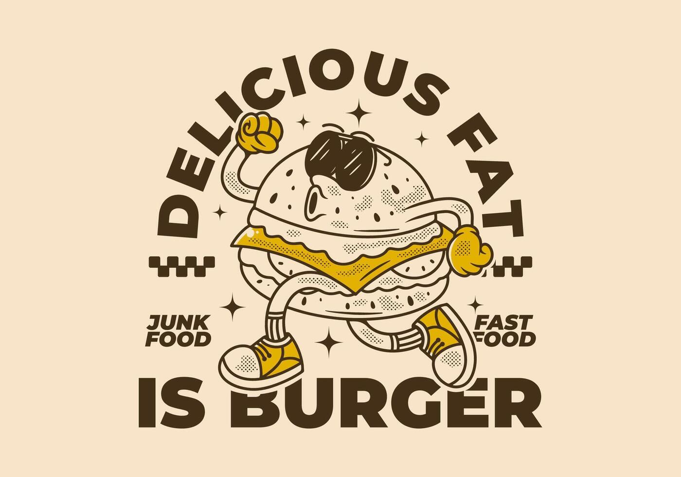 Retro mascot character illustration of jumping burger vector