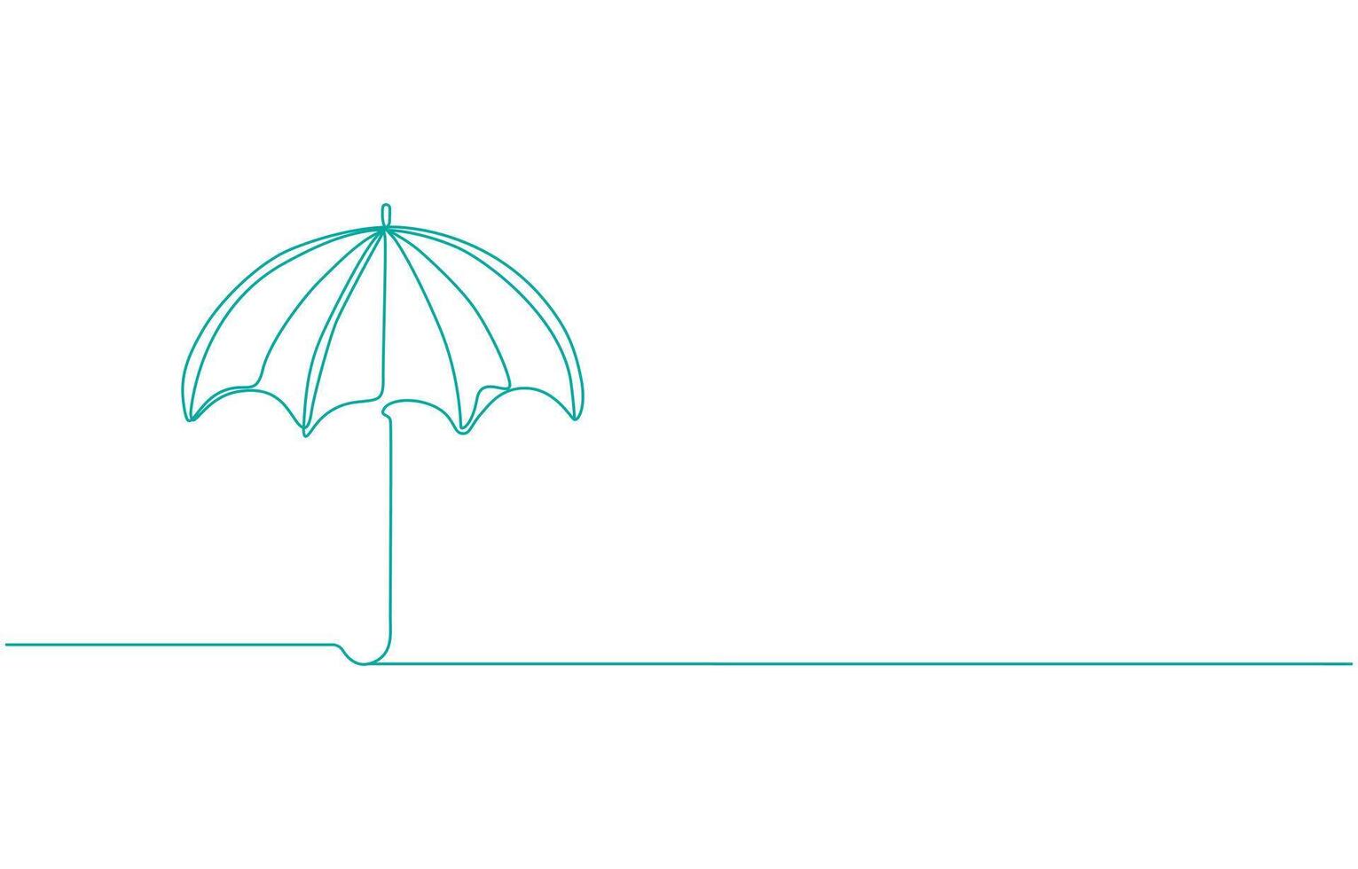 Continuous line drawing of summer vacation concept, sandy beach, beach umbrella, lounge chairs, straw hat, sunglasses and flip flops on tropical beach in single line doodle style. pro . vector