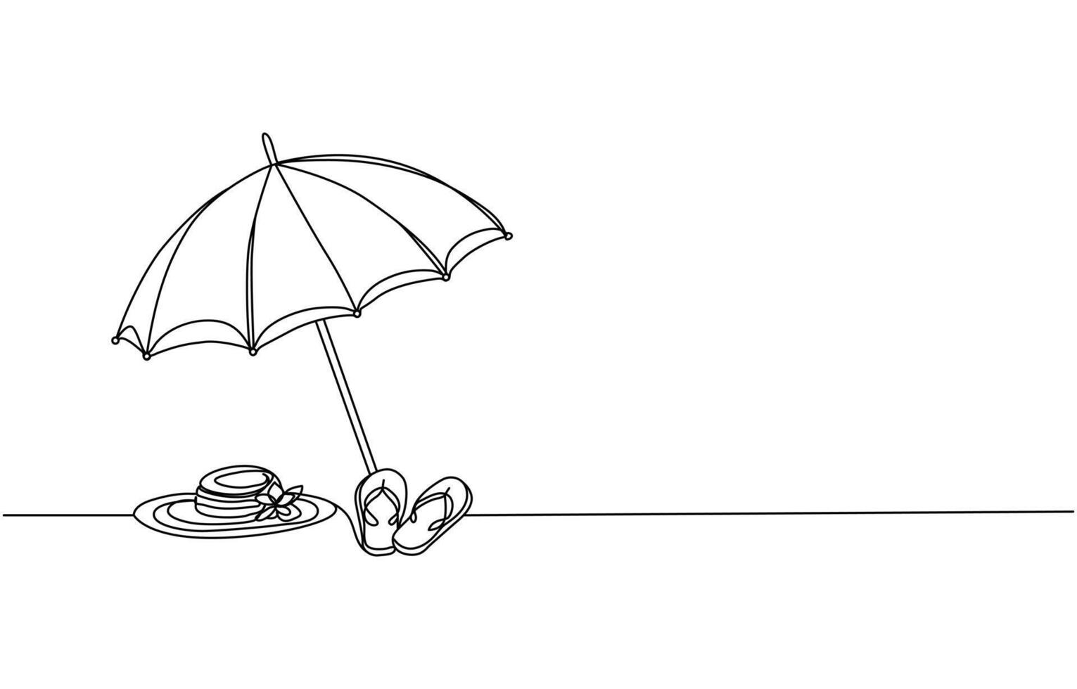 Continuous line drawing of summer vacation concept, sandy beach, beach umbrella, lounge chairs, straw hat, sunglasses and flip flops on tropical beach in single line doodle style. pro . vector