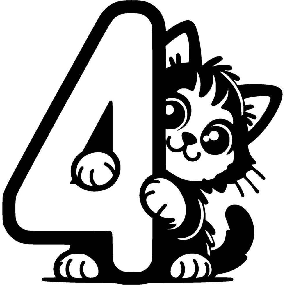 Little kitten hid behind the number four digit in kitty style in monochrome. Simple minimalistic in black ink drawing on white background vector