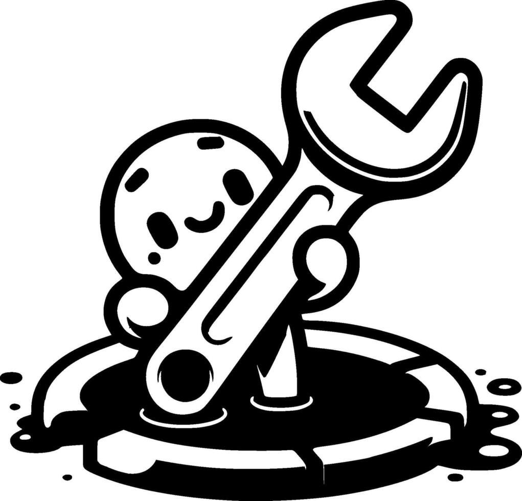Kid character plumber with wrench in hand in monochrome. Locksmith workshop open. Simple minimalistic in black ink drawing on white background vector