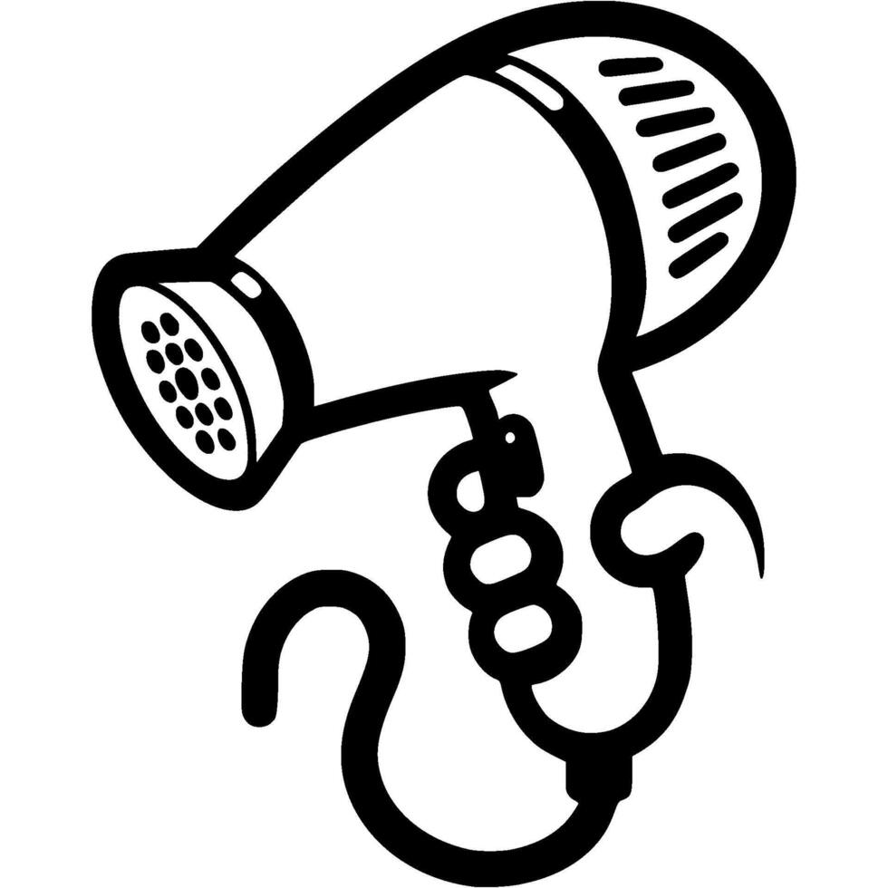 Hairdresser hand holding hairdryer in monochrome. Simple minimalistic in black ink drawing on white background vector