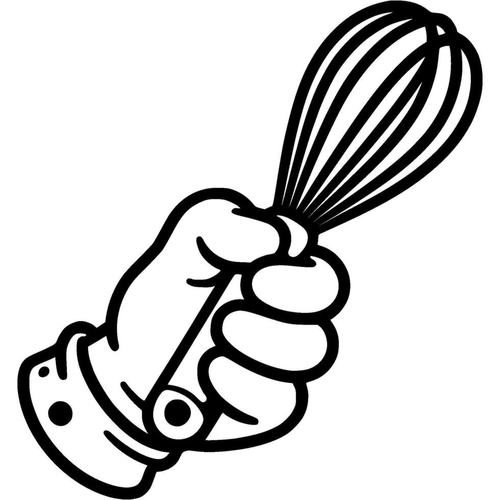 Chef hand holds culinary whisk for whipping cream in monochrome. Simple minimalistic in black ink drawing on white background vector
