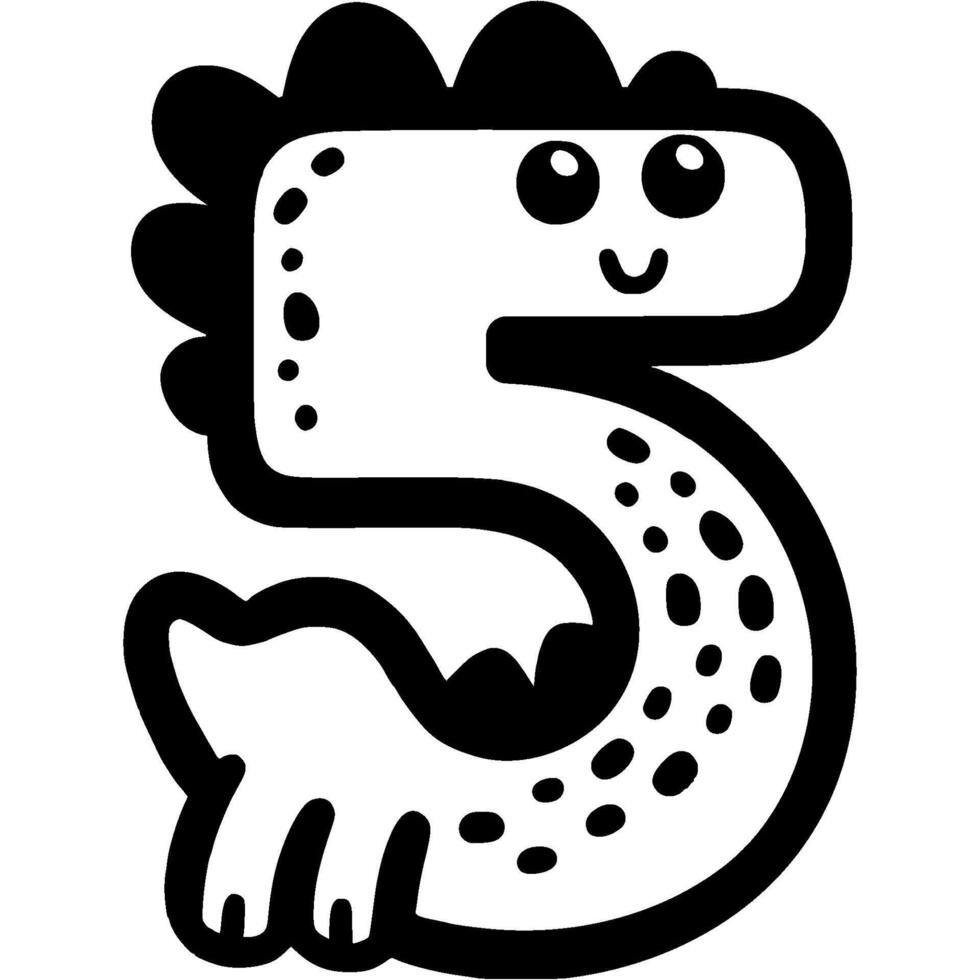 Number five, 5 in dinosaur style in monochrome. Simple minimalistic in black ink drawing vector