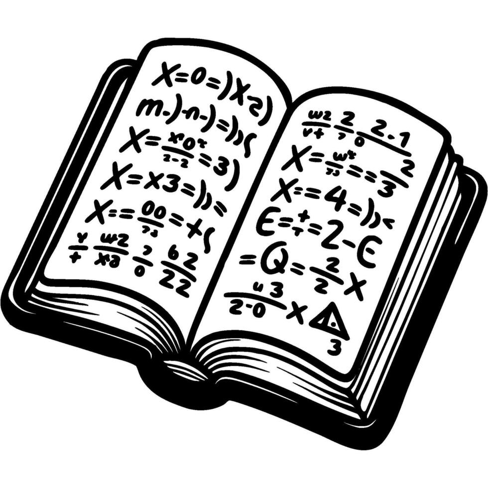 Open algebra textbook with written mathematical formulas and equations in monochrome. Simple minimalistic in black ink drawing on white background vector