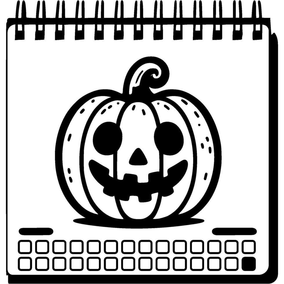 Wall calendar with a drawn creepy pumpkin on the October 31st page in monochrome. Simple minimalistic in black ink drawing vector