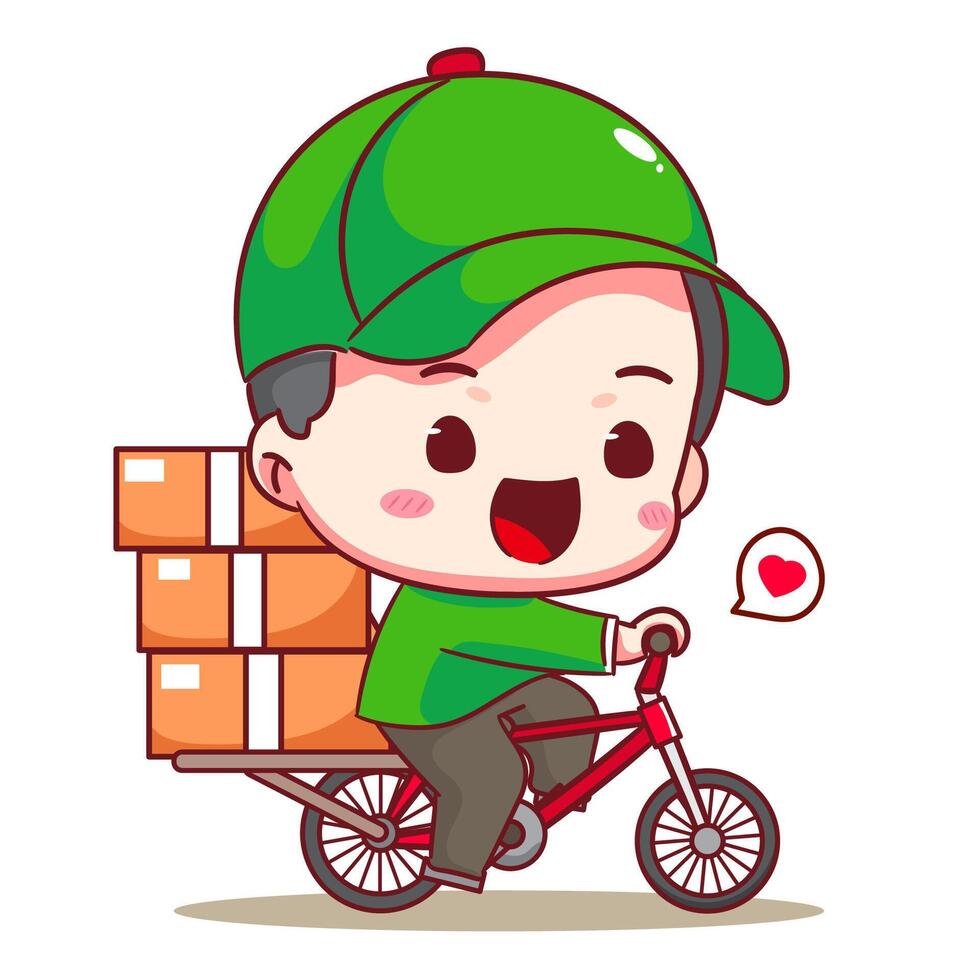 Cute Deliveryman Cartoon . Man Courier delivery package by bicycle. People Profession concept design. Isolated white background. vector