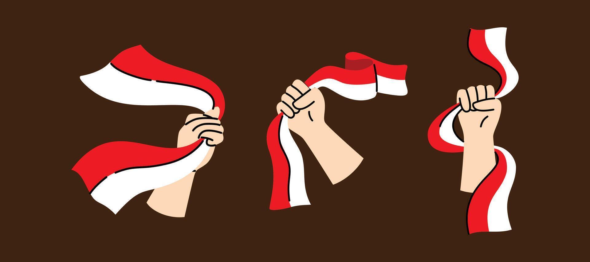 This vibrant illustration features hands holding Indonesian flags, perfect for celebrating national events or Independence Day with patriotic spirit. vector