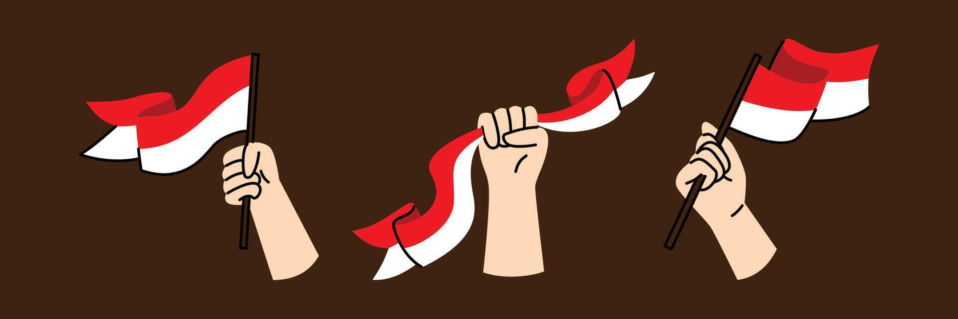 This vibrant illustration features hands holding Indonesian flags, perfect for celebrating national events or Independence Day with patriotic spirit. vector
