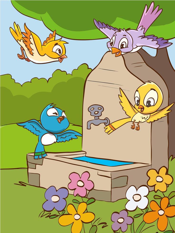 water trough and flowering grass. isolated, white background. birds are flying and drinking water. vector