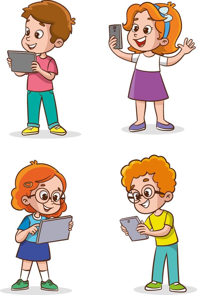 Gadgets kids. Adorable happy children using laptop smartphones tablets touch on digital phone screen holding electronic technics exact future technology concept vector