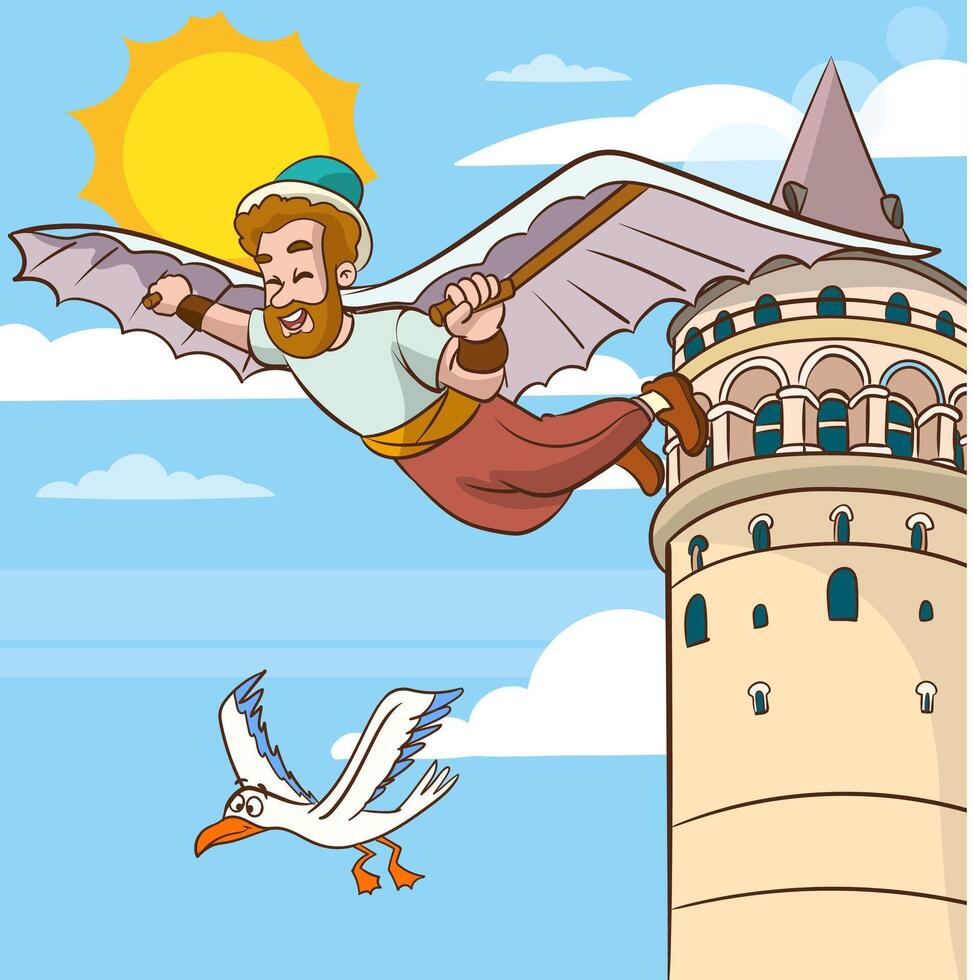 Hezarfen Ahmed celebi, the legendary Ottoman aviator of Istanbul.Flying from the Galata Tower vector