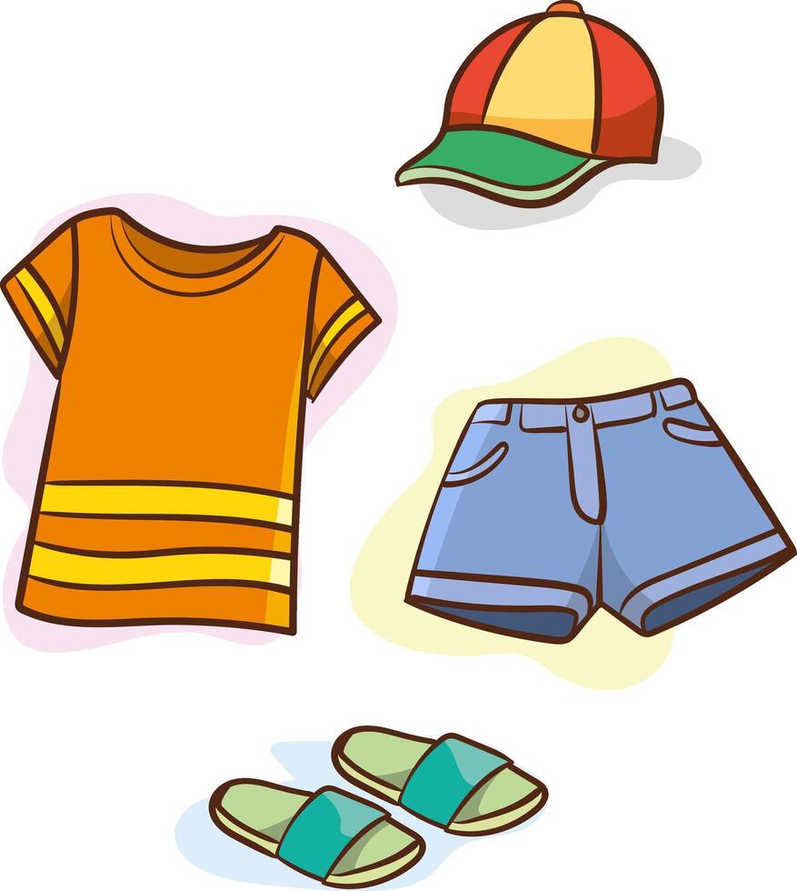 summer season clothes set. Casual wear, jeans, t-shirt, shoes, seasonal clothing outfit.Clothing, clothing fashion flat illustration vector
