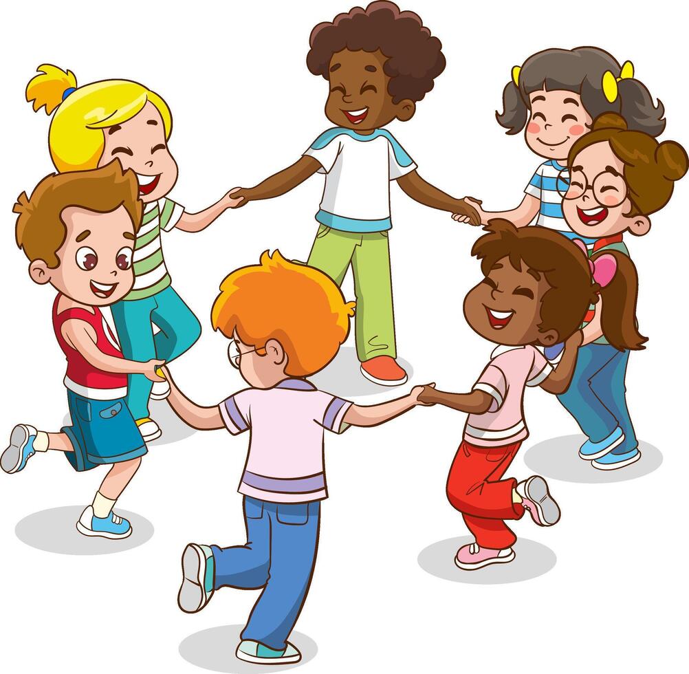 Group of cute happy little children, boys and girls, holding hands and dancing in circle, having fun playing together with smile on their faces. vector