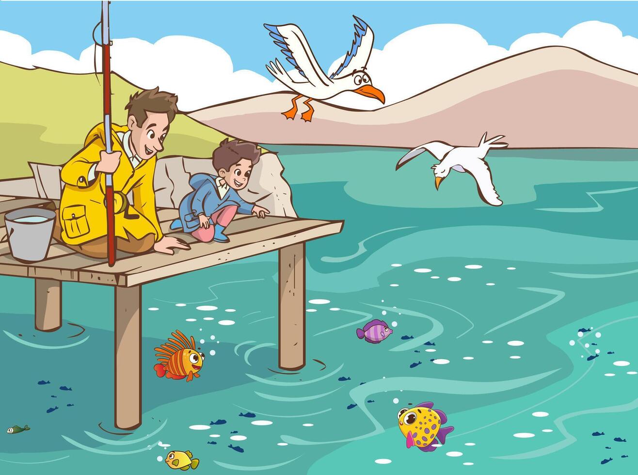 a fun fishing event between the son and his father vector