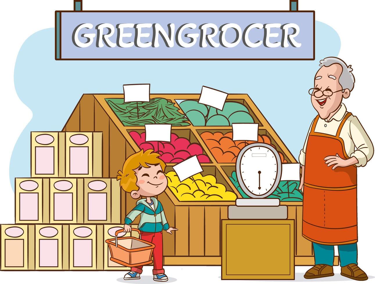 Children shopping at the stall of a grocery store or marketplace.Man selling food products at the local farmers market. cartoon illustration vector