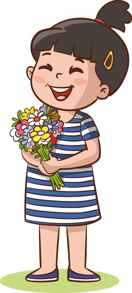 Little children with flowers. The child holds a bouquet to give to his mother, grandmother, girlfriend. Greeting card. vector