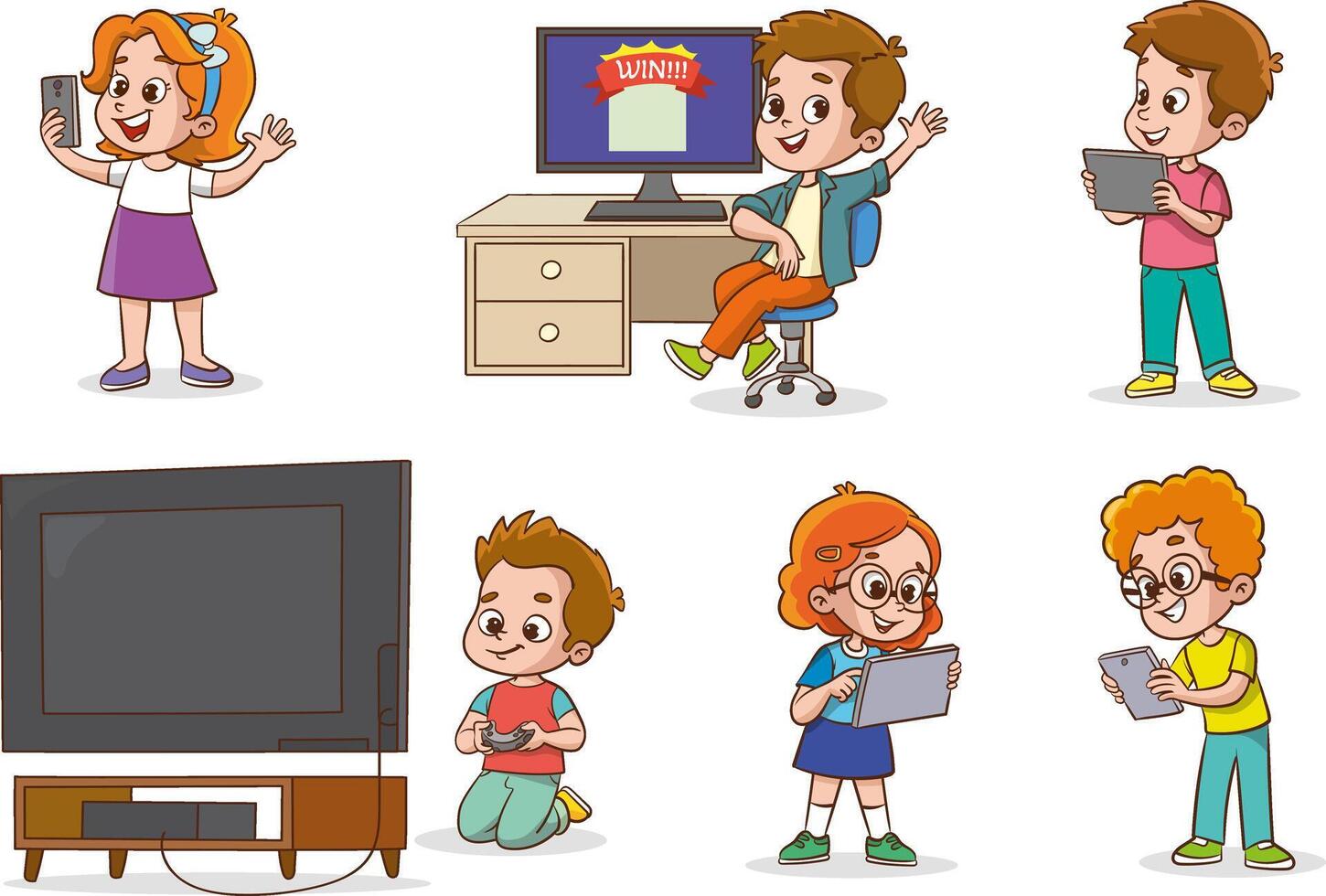 Gadgets kids. Adorable happy children using laptop smartphones tablets touch on digital phone screen holding electronic technics exact future technology concept vector