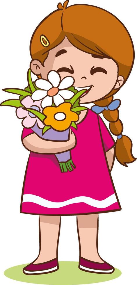 Little children with flowers. The child holds a bouquet to give to his mother, grandmother, girlfriend. Greeting card. vector