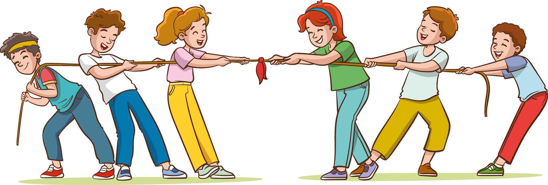 group of children pulling ropes and playing tug of war vector