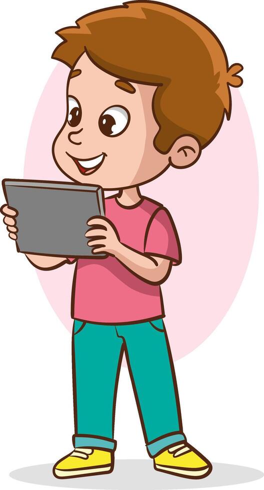 Gadgets kids. Adorable happy children using laptop smartphones tablets touch on digital phone screen holding electronic technics exact future technology concept vector