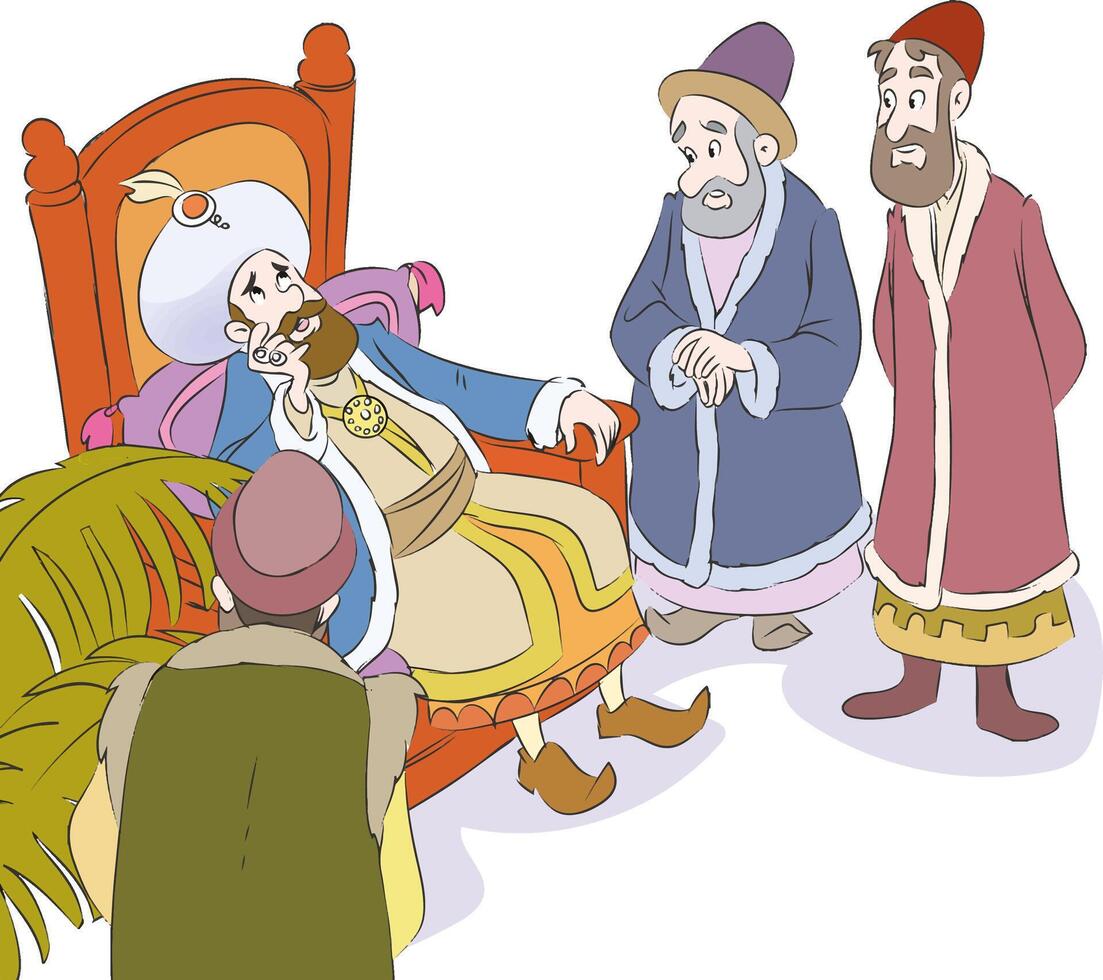 Cartoon king wearing crown and cape.The king and his men vector