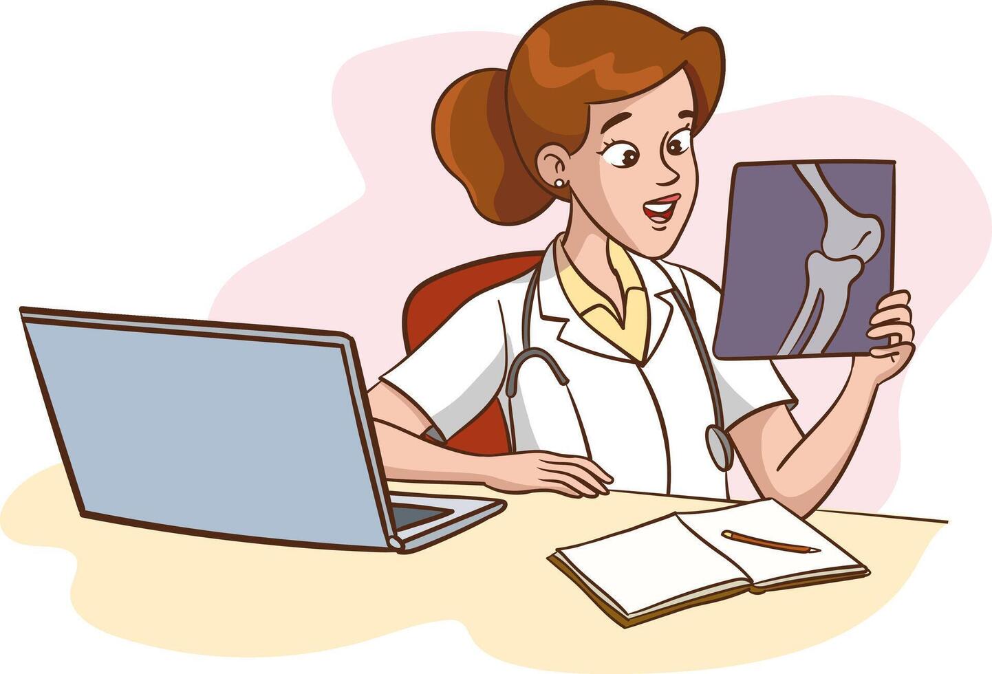 Female Doctor checking the x-ray, Smart female doctor checking the x-ray image. Analyze the disease progression after full chemotherapy, surgery and medication. vector