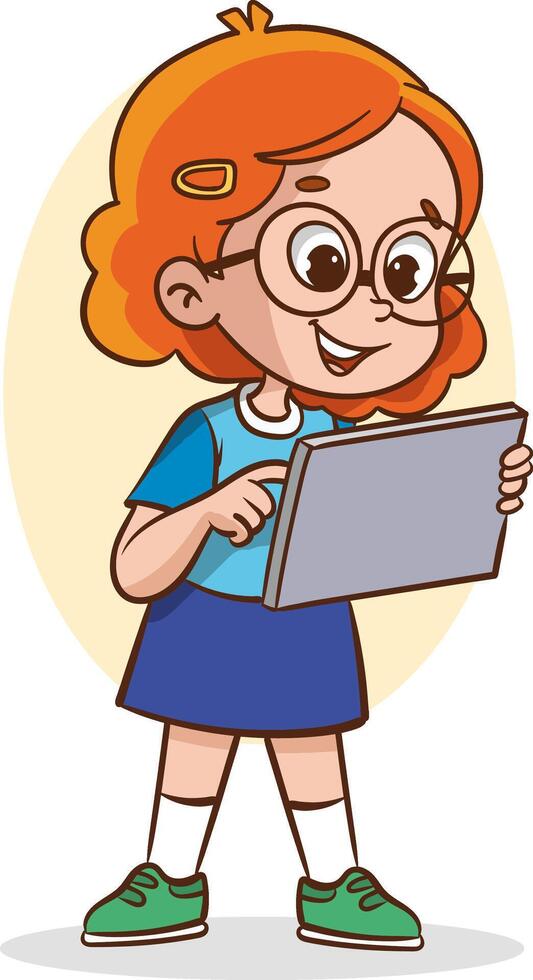 Gadgets kids. Adorable happy children using laptop smartphones tablets touch on digital phone screen holding electronic technics exact future technology concept vector