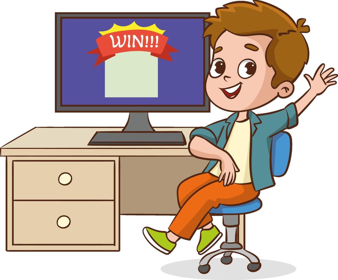 Gadgets kids. Adorable happy children using laptop smartphones tablets touch on digital phone screen holding electronic technics exact future technology concept vector