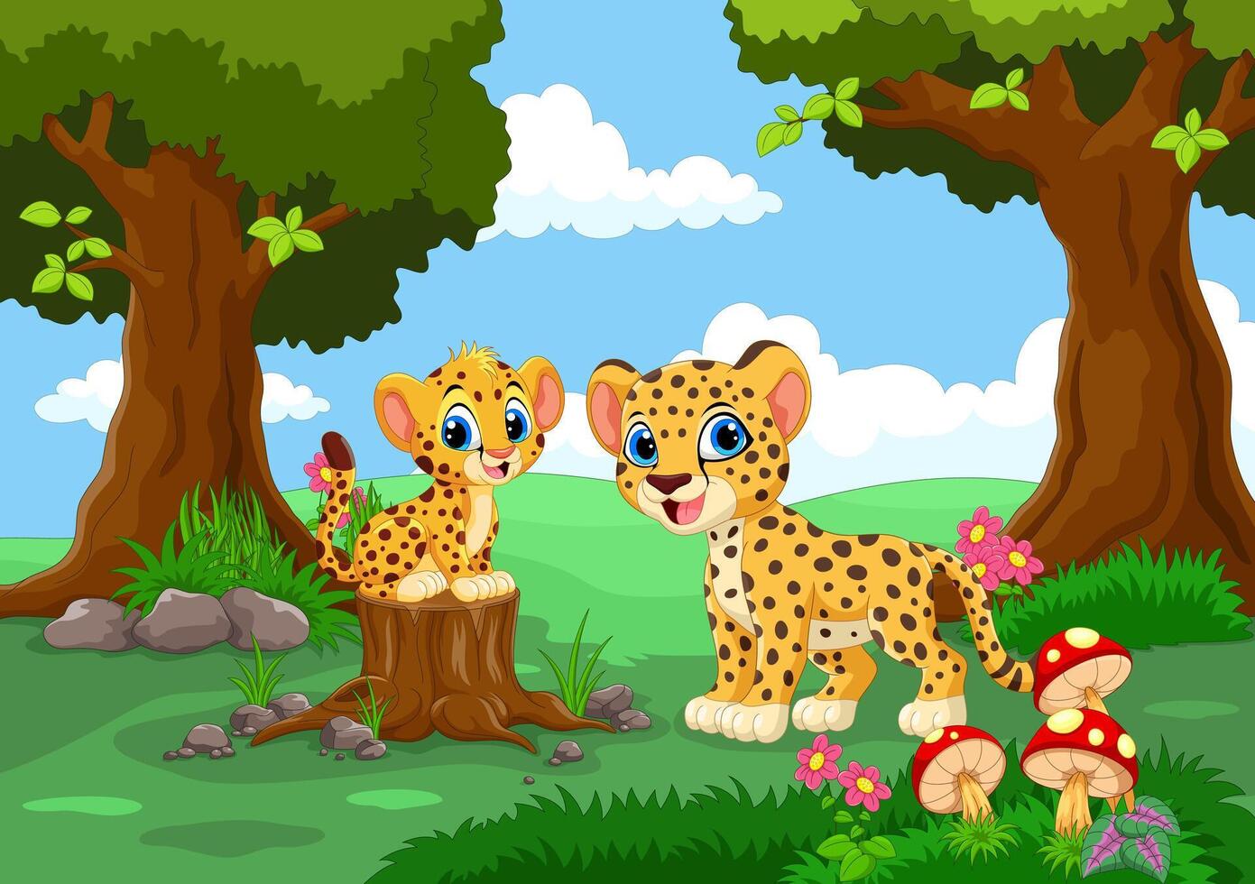 Cartoon happy cheetah in the forest with his cute son vector