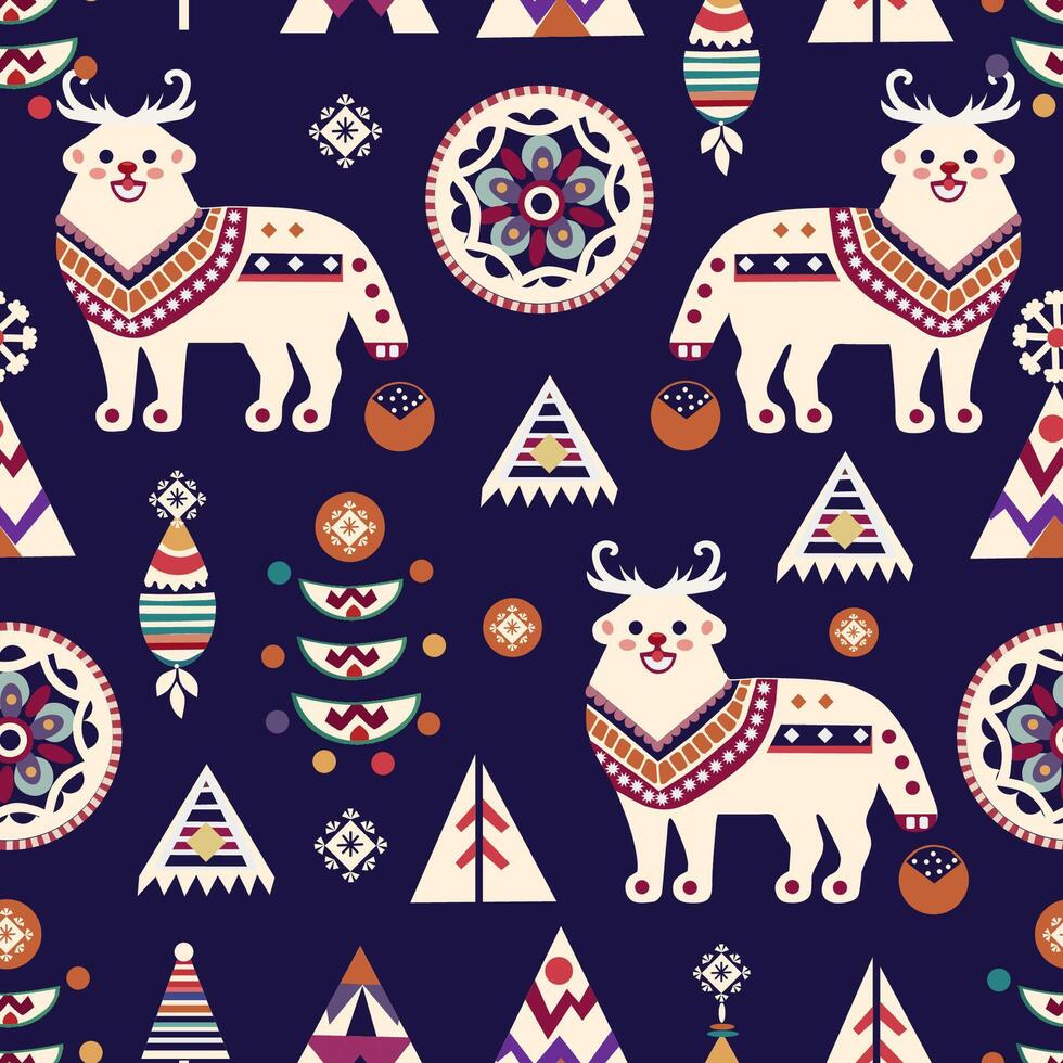 White deer in northern ornaments on a blue vector