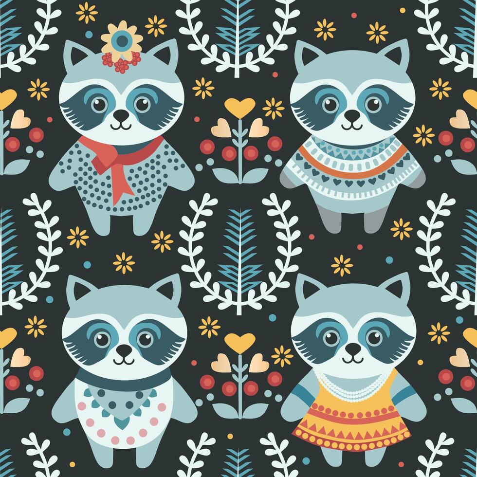 cute raccoons on a background of floral ornament vector