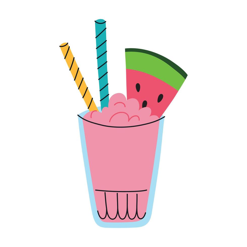 Vibrant illustration of refreshing watermelon smoothie or smash, refreshing summer drink with watermelon slice in a glass with straws. Trendy dessert or beverage for parties. Flat cartoon style vector