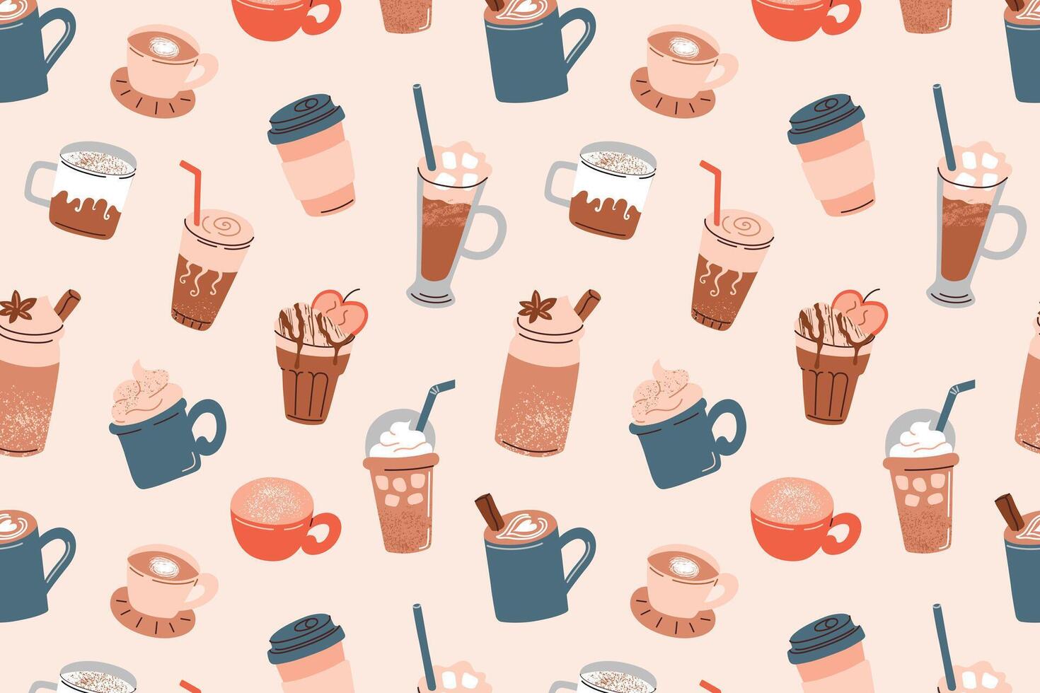 Seamless coffee cups pattern on beige background. illustration with flat, cartoon style. Perfect for cafe decor, wallpaper, wrapping paper design. Includes coffee mugs, iced drinks vector