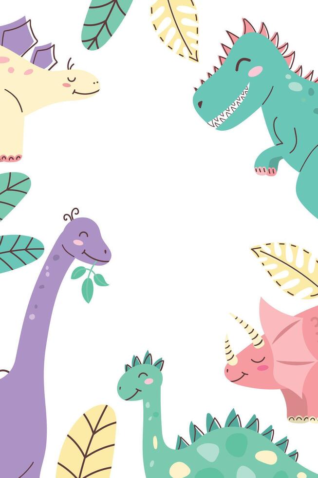 Vertical frame with cute dinosaurs. Dinosaur Kids Style. Cute character. Flat illustration. vector