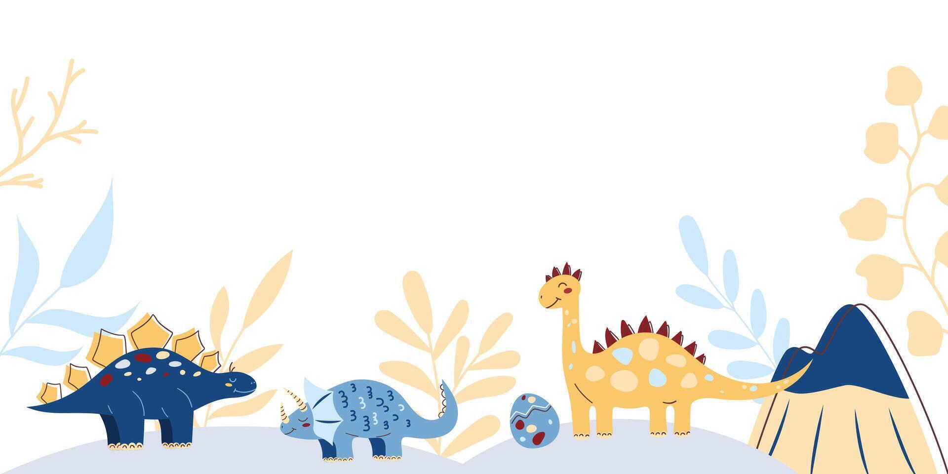 Horizontal web banner with cute dinosaurs. Dinosaur Kids Style. Cute character. Flat illustration. vector