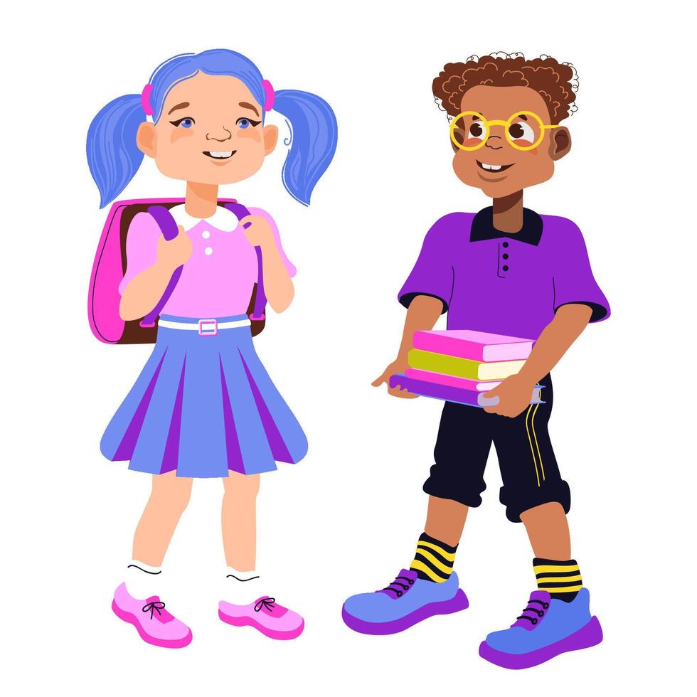 Cute multiethnic boy and girl students. cartoon flat illustration. vector
