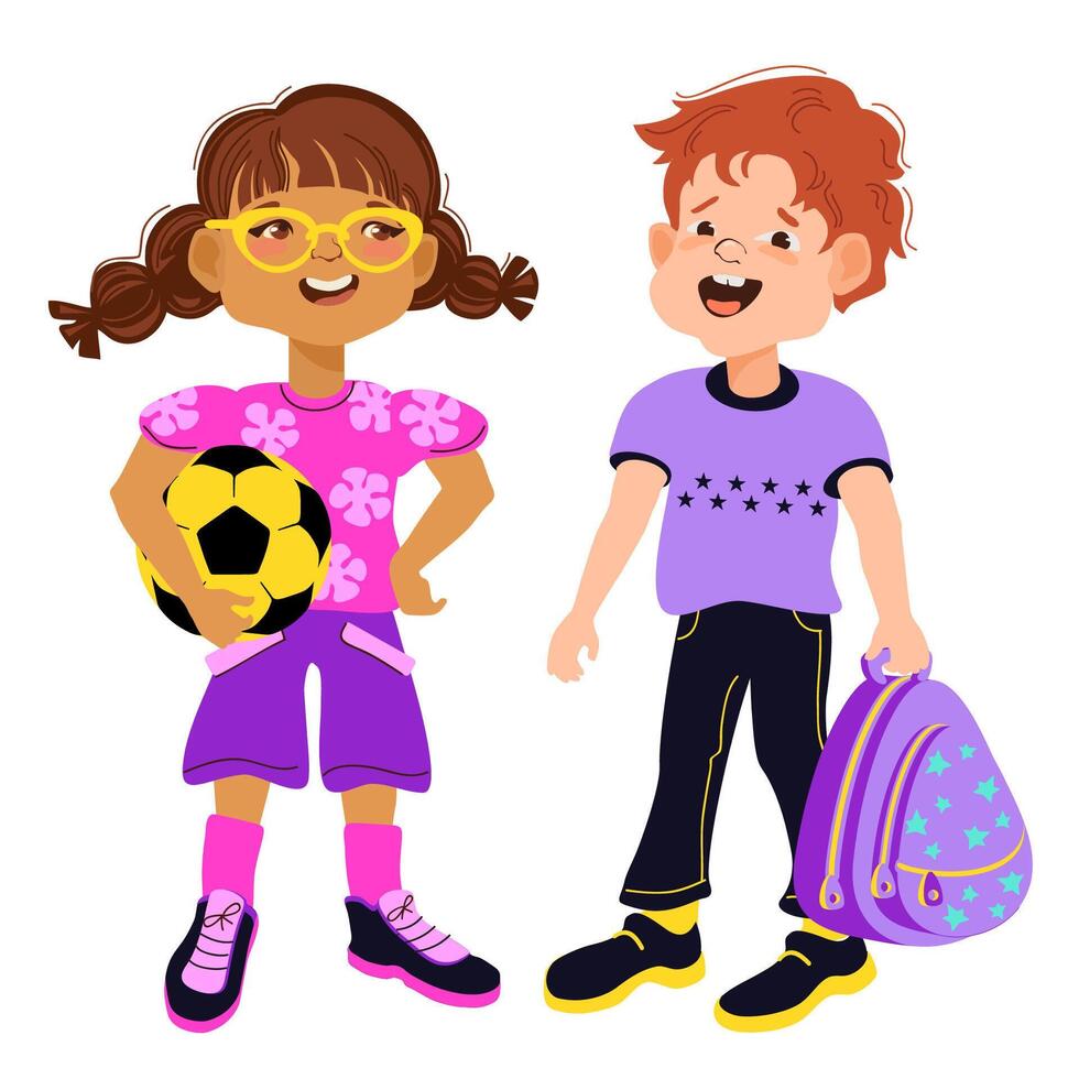 Cute multiethnic boy and girl students. cartoon flat illustration. vector