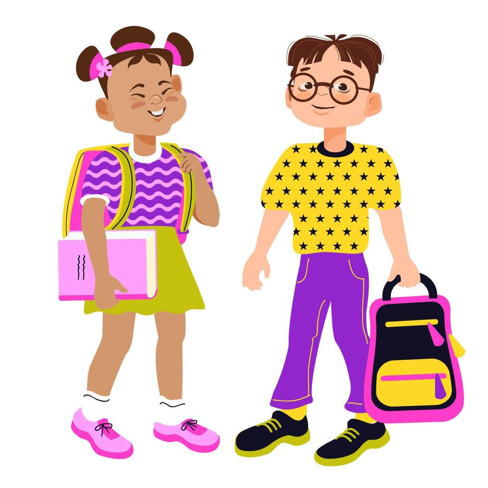 Cartoon children students with book and school bag. illustration. vector