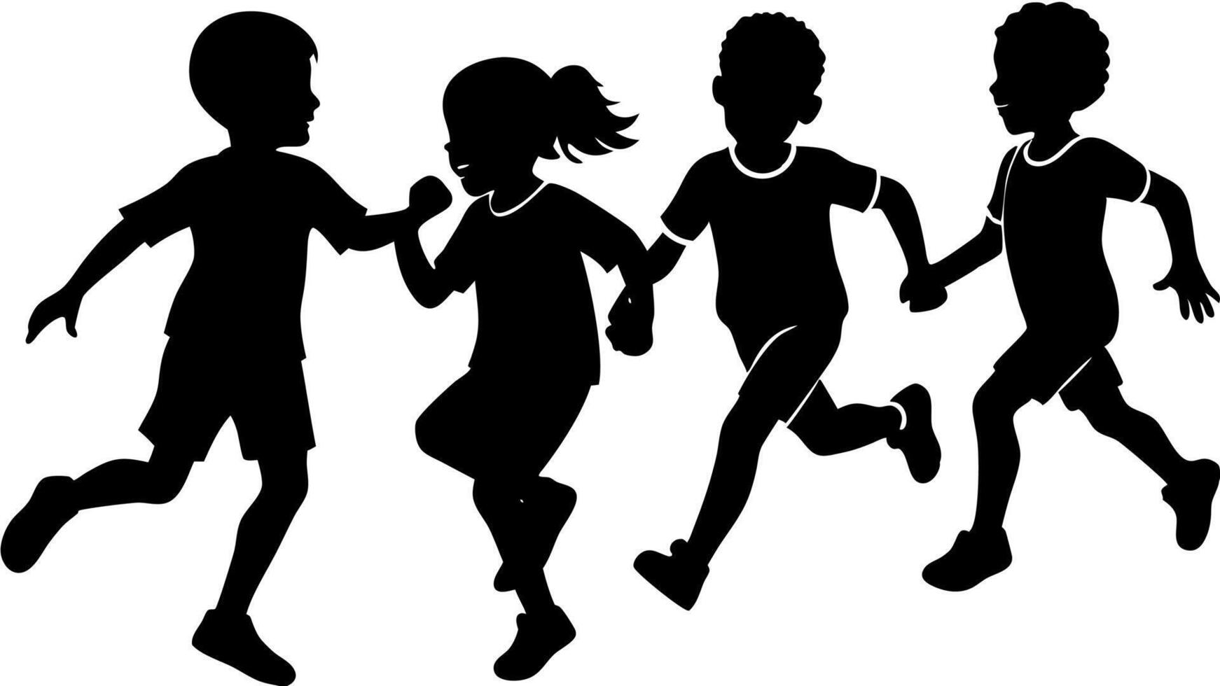 silhouettes of running children illustration, group of active kids playing clipart graphic, front view vector