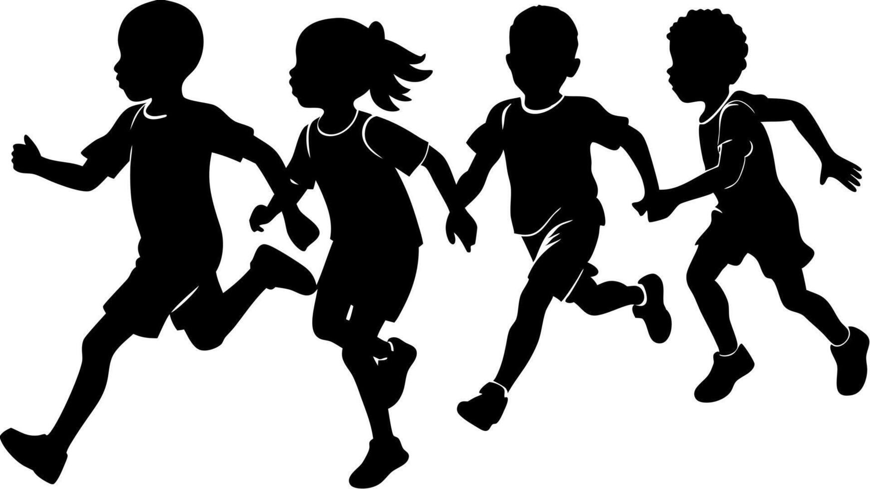 silhouettes of running children illustration, group of active kids playing clipart graphic, front view vector