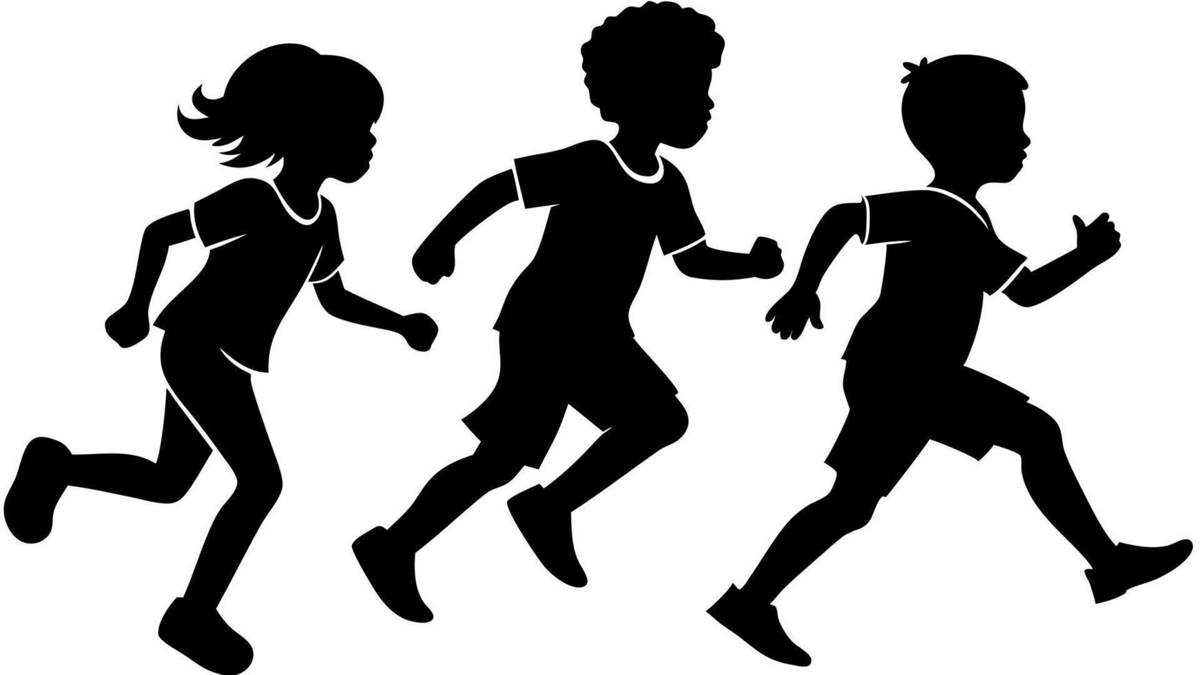 silhouettes of running children illustration, group of active kids playing clipart graphic, front view vector