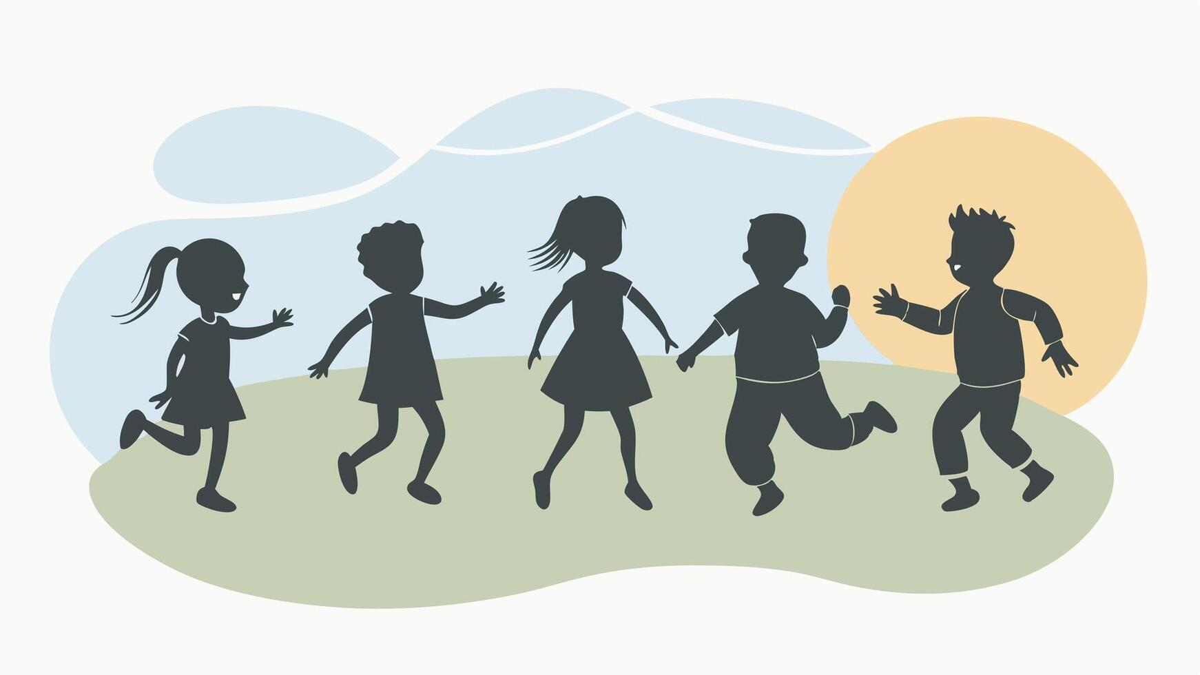 running children illustration, group of active kids playing clipart graphic illustration vector