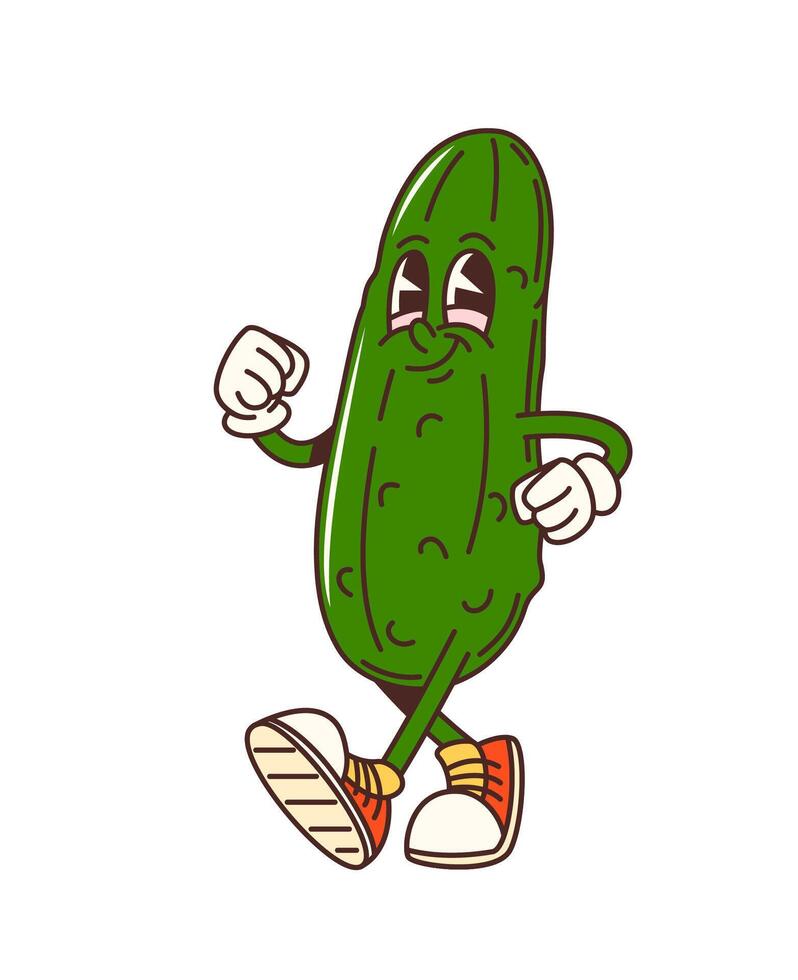 Cartoon groovy cucumber vegetable character walks vector