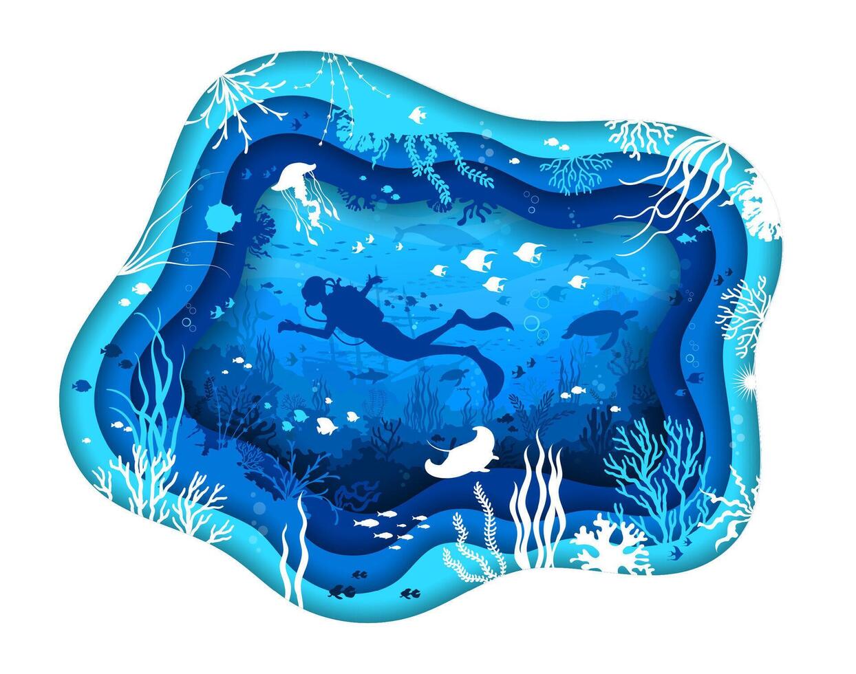Scuba diver at paper cut underwater landscape vector
