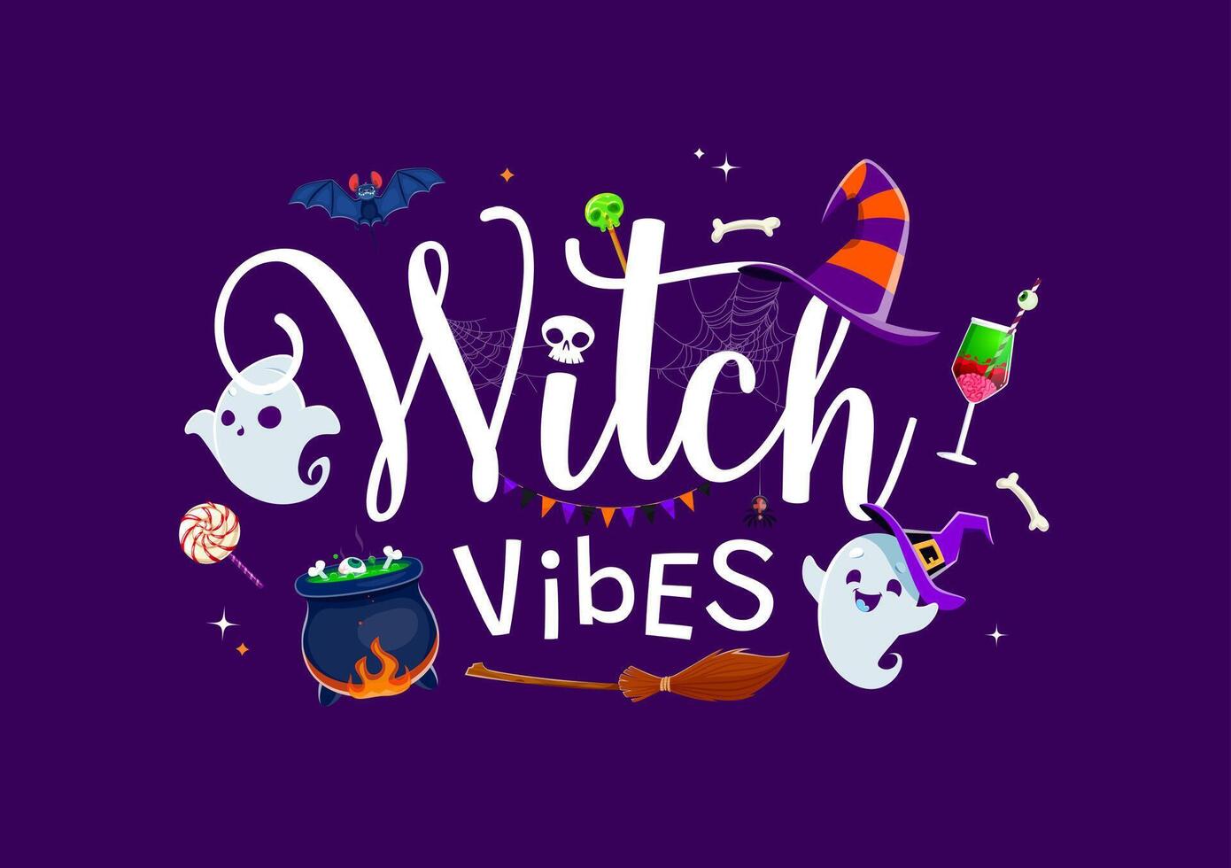 Halloween holiday quote, Witch Vibes, kawaii ghost vector