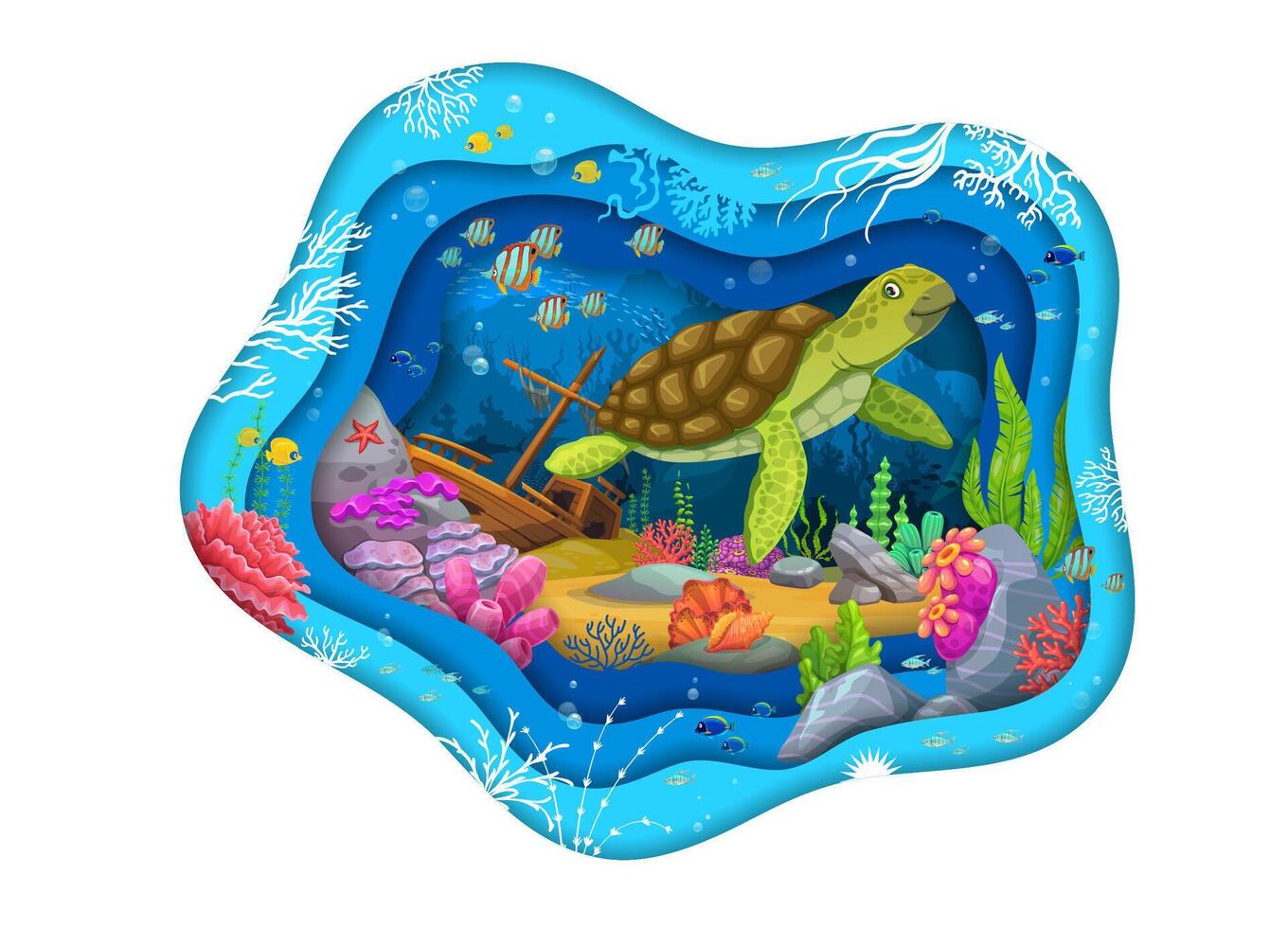 Cartoon turtle and sunken ship at paper cut frame vector