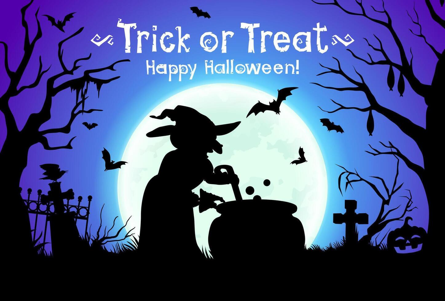 Witch silhouette near cauldron in dark forest vector