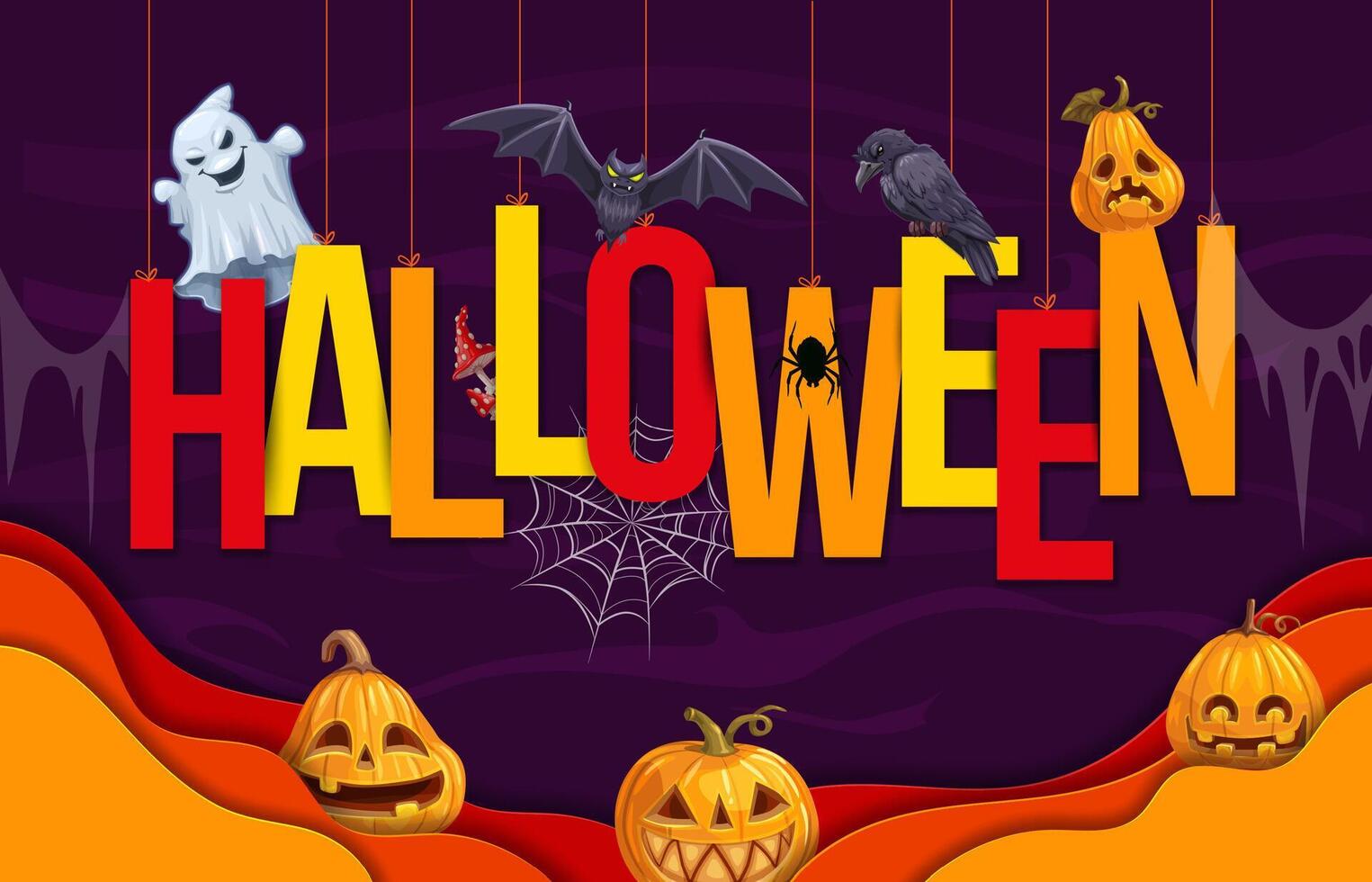 Halloween paper cut letters, pumpkins and ghosts vector