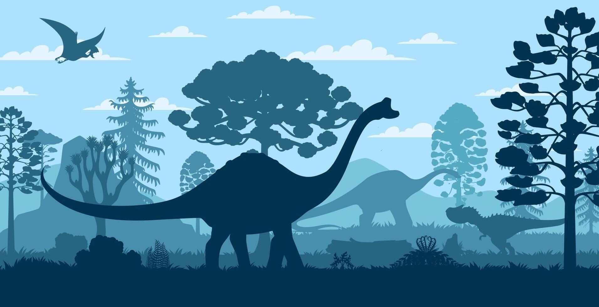 Dinosaur silhouettes in the prehistoric forest vector